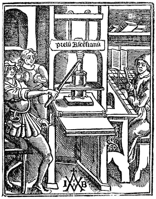Gravure ancienne représentant trois hommes actionnant une machine dans une imprimerie.