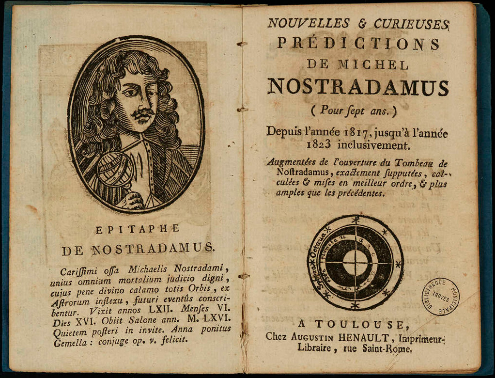 Reproduction de la page de titre du livre "Nouvelles et curieuses prédictions de Michel Nostradamus"